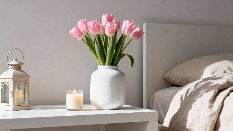 粉色郁金香静谧卧室图片