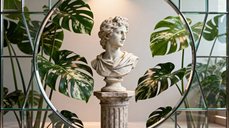 绿植环绕的古典雕像图片