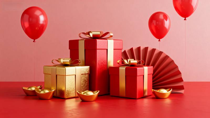 新年礼物与红气球图片
