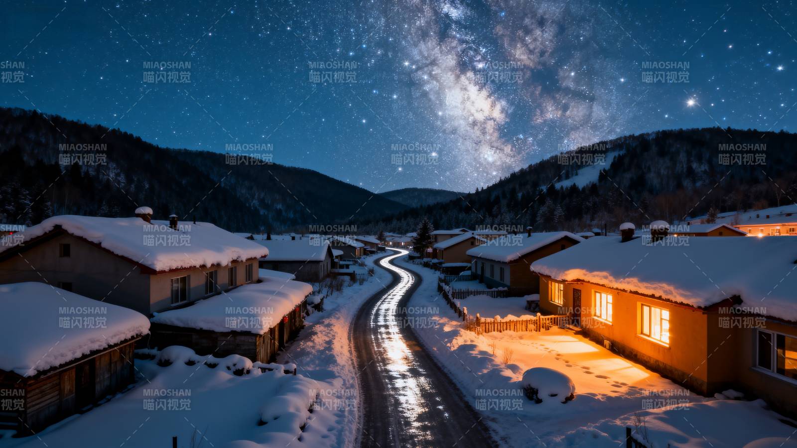 雪夜星河小镇图片