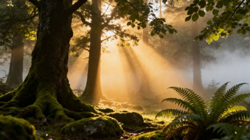 晨光穿透林间图片