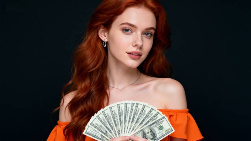 红发女子手持美元图片