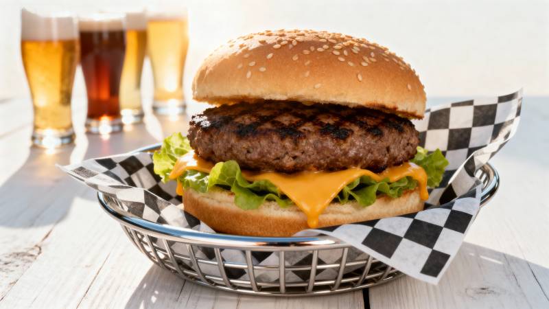 美味汉堡配啤酒图片