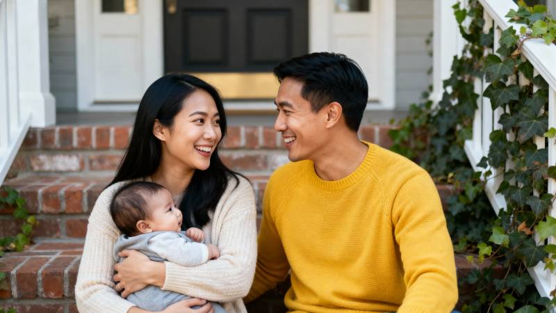 幸福一家三口门前合影图片