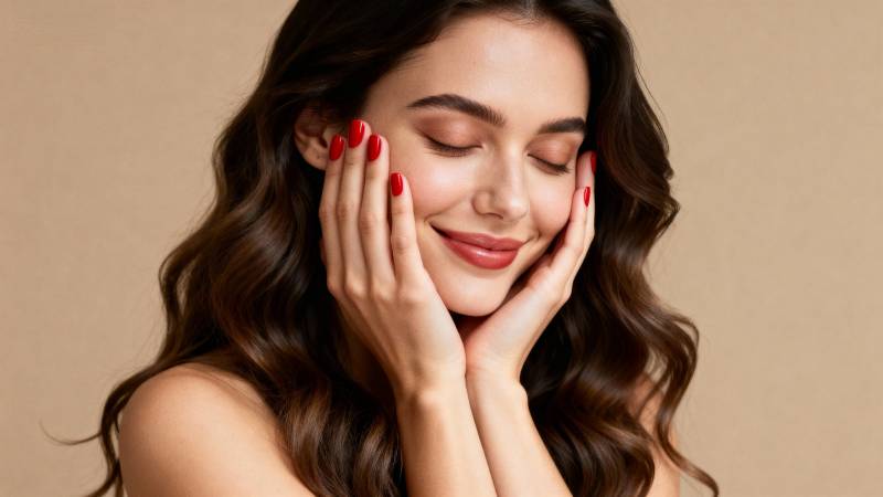 优雅微笑 红唇美甲图片