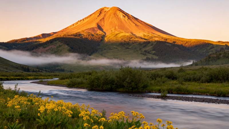 晨曦中的火山美景图片
