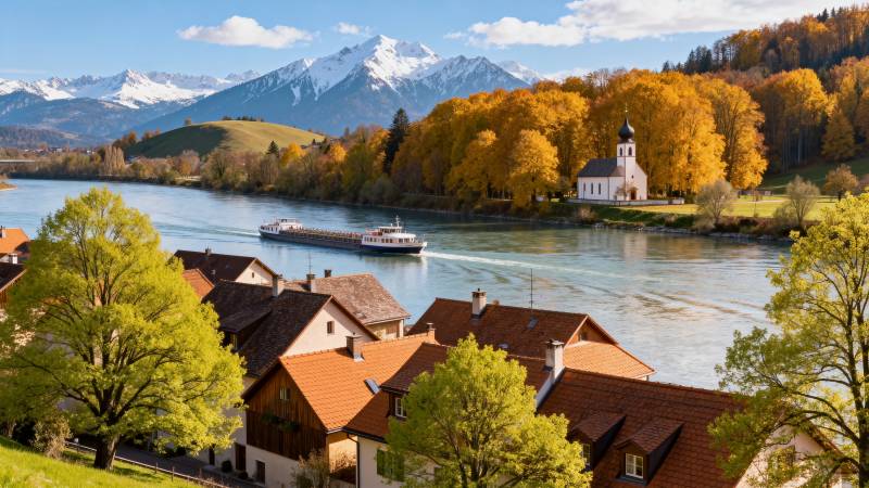 秋日河畔小镇风光图片