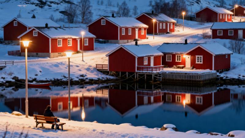 雪夜红屋倒影图片
