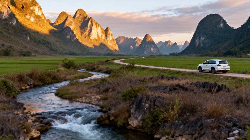 山间溪流旁的自驾游图片
