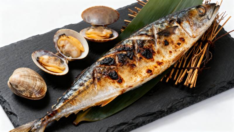 烤鱼配蛤蜊图片