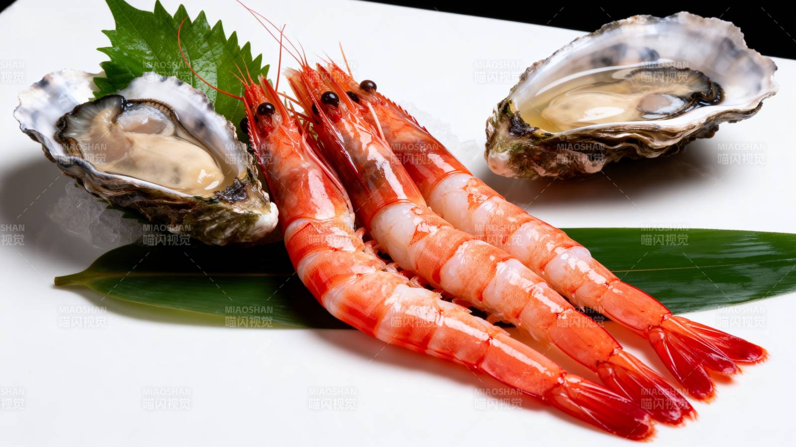 鲜虾生蚝配绿叶图片