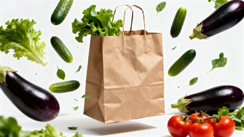 新鲜蔬菜飞入纸袋图片