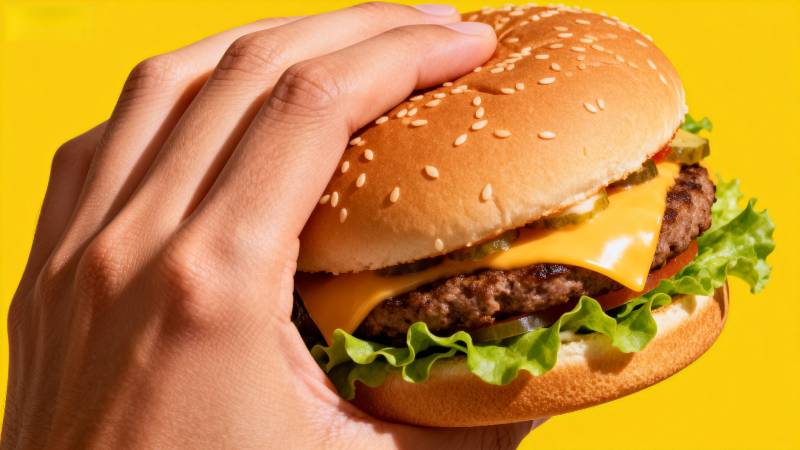 手握美味汉堡图片