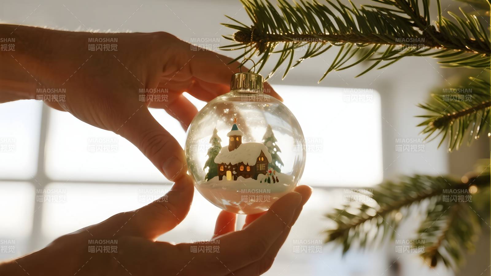 圣诞树上的雪景球图片