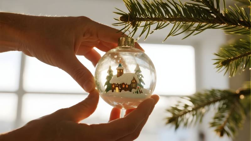 圣诞树上的雪景球图片