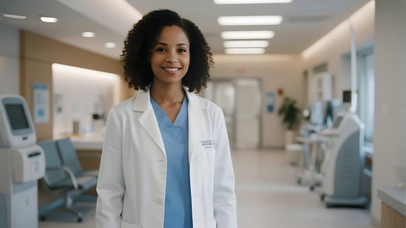 微笑的医生在医院走廊图片