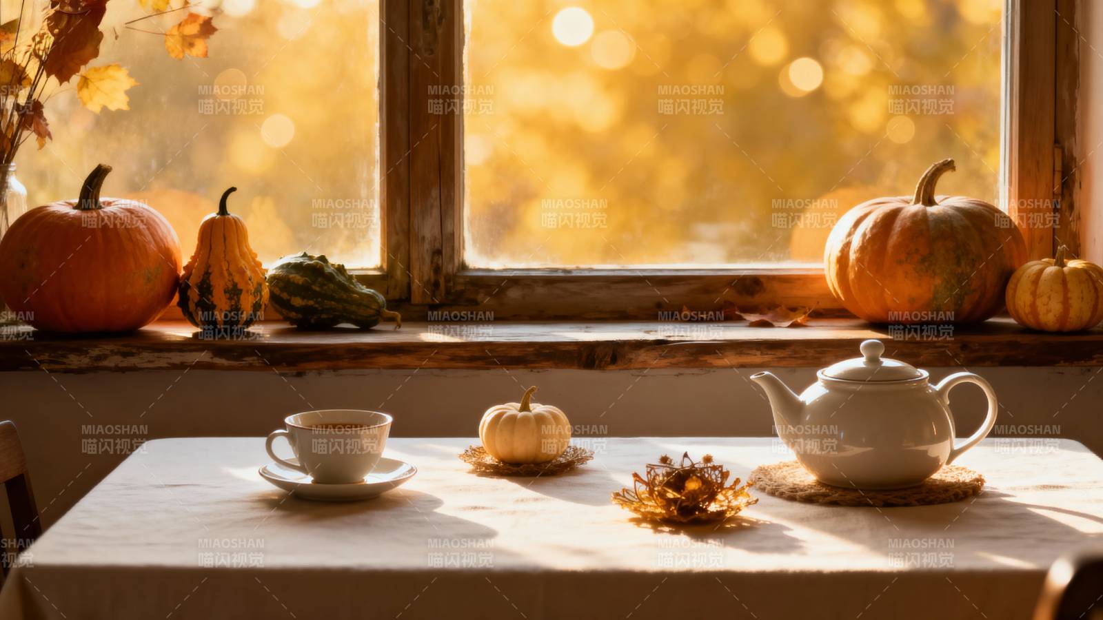 秋日窗边茶香图片