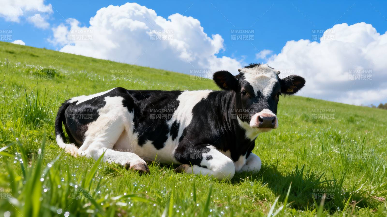 奶牛躺草地图片