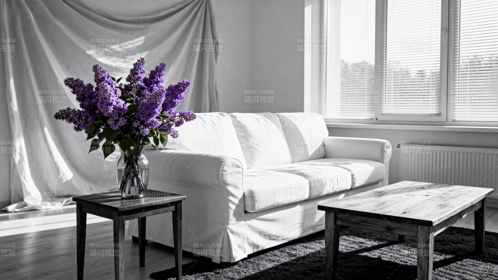 紫花点缀客厅静谧图片