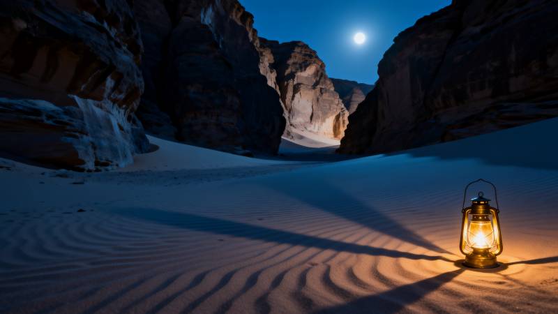 月夜沙谷灯影图片