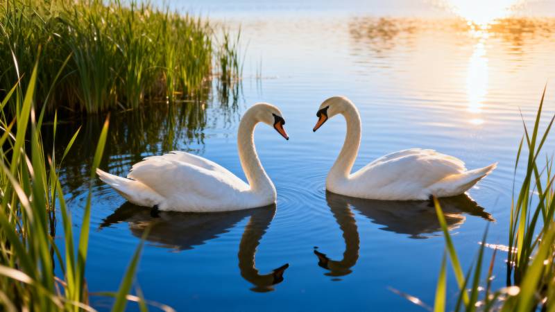 湖畔双鹅共舞图片