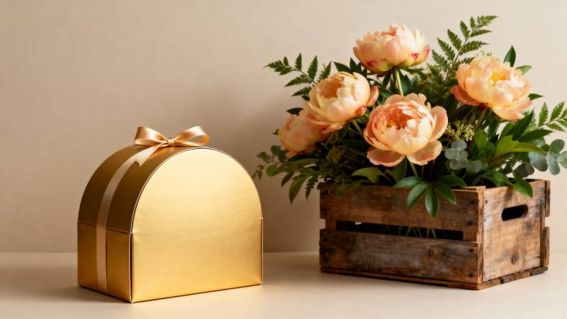 金礼盒与花箱静置图片