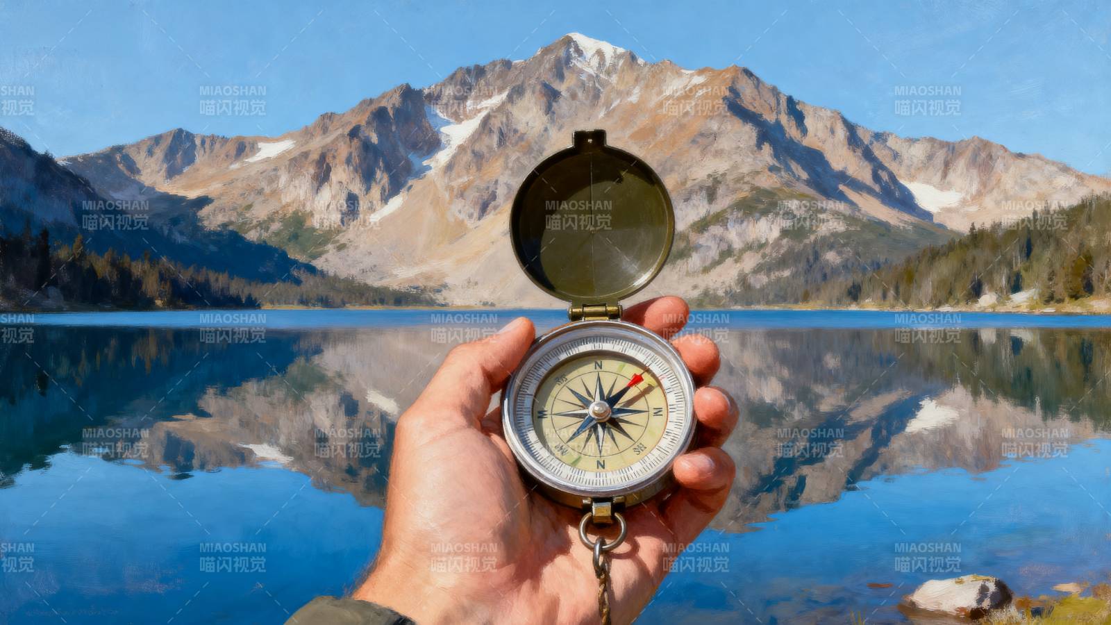 山湖映镜 指南针指路图片