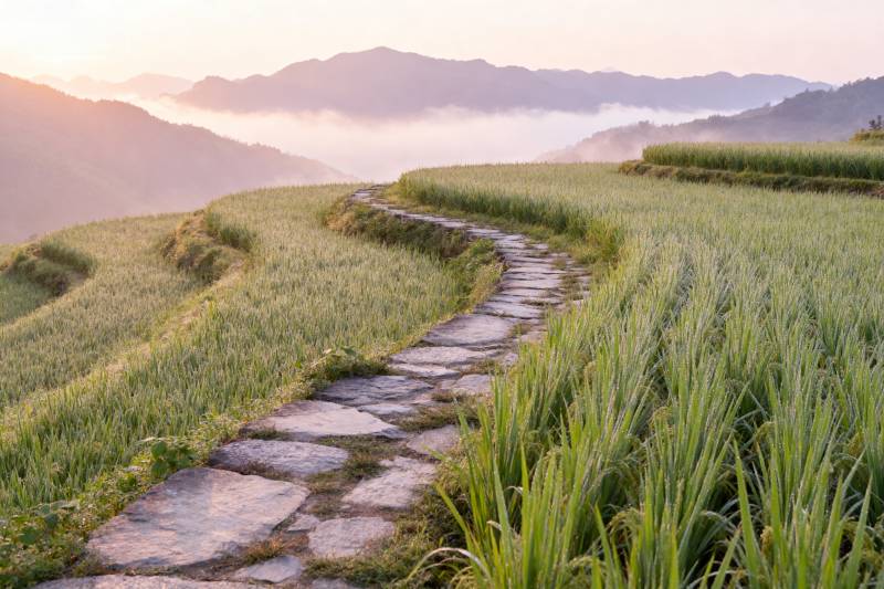 梯田晨曦小径图片