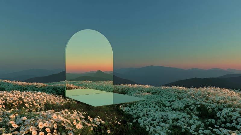 花海中的拱门图片