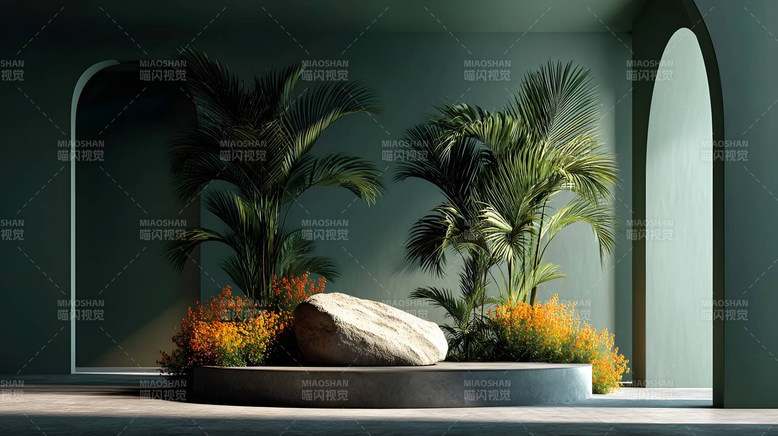 绿植石景静谧空间图片