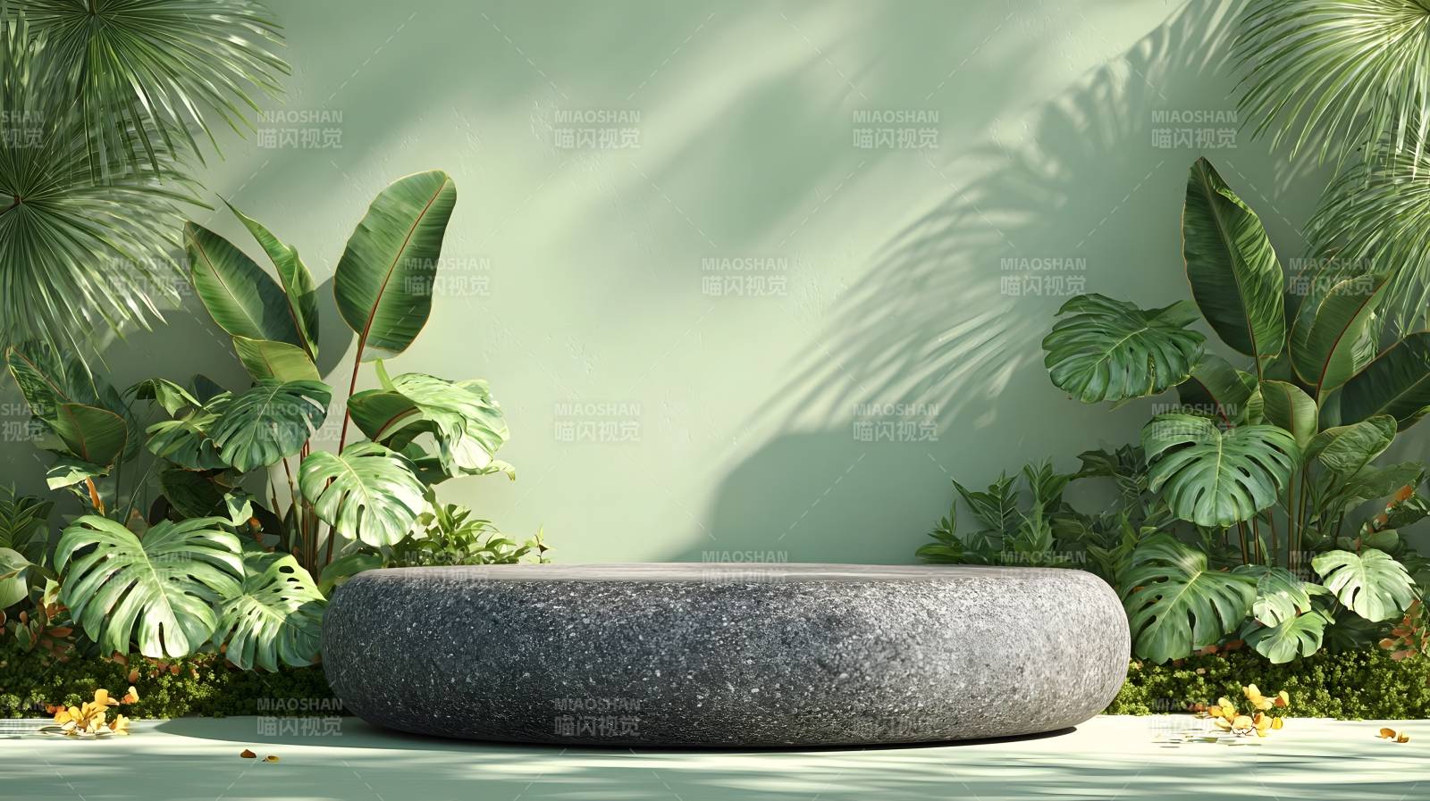 绿植环绕的石台图片