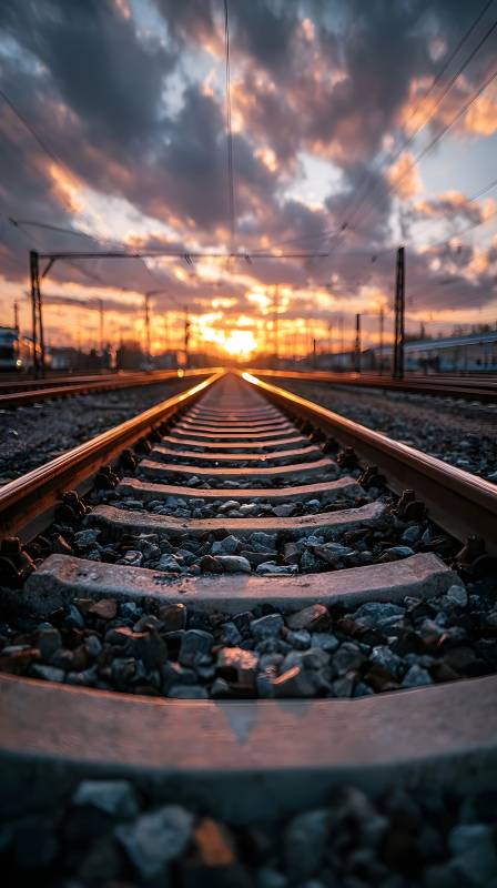 铁轨尽头的夕阳图片