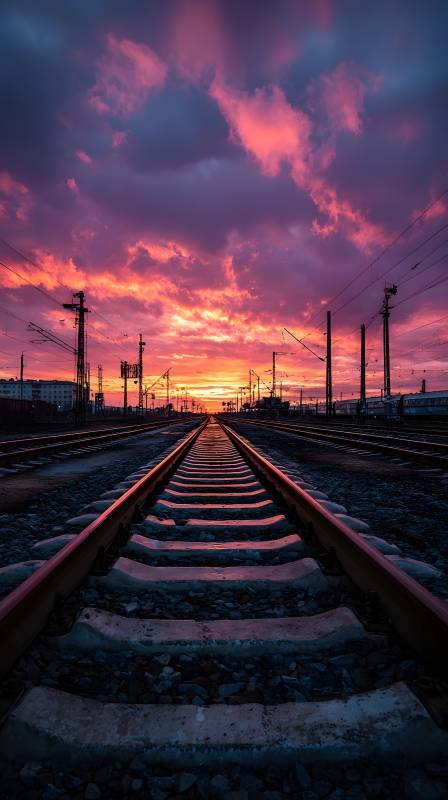 铁轨尽头的晚霞图片