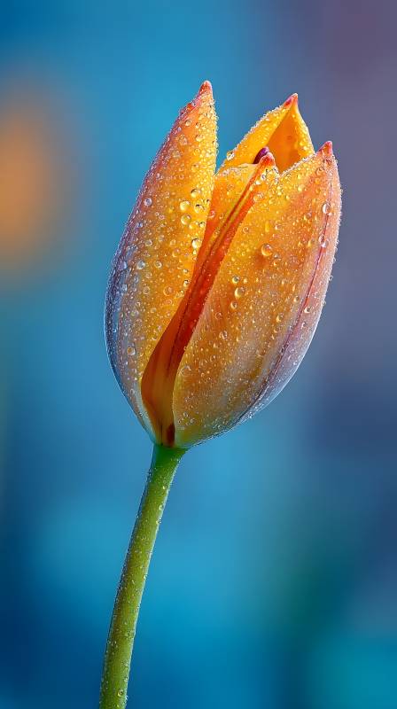 晨露中的橙色郁金香图片