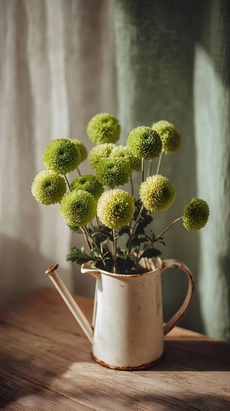 绿菊静置陶壶中图片