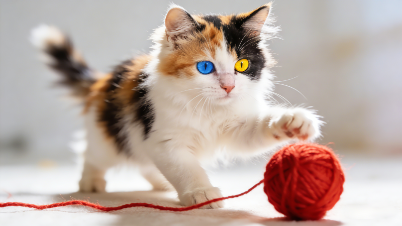 三色猫玩毛线球图片