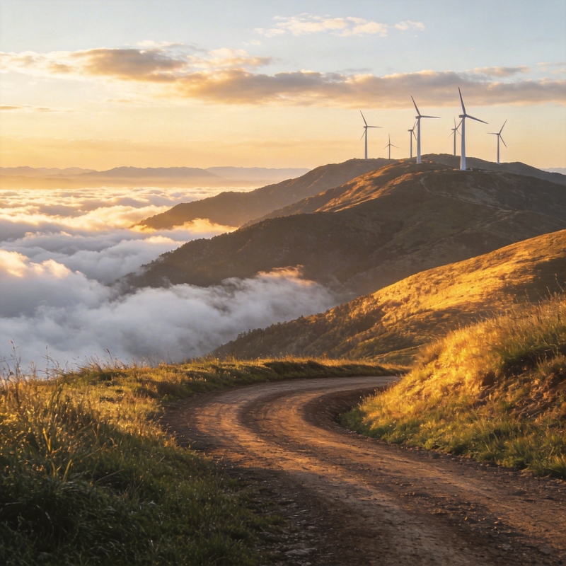 山巅风车云海路图片