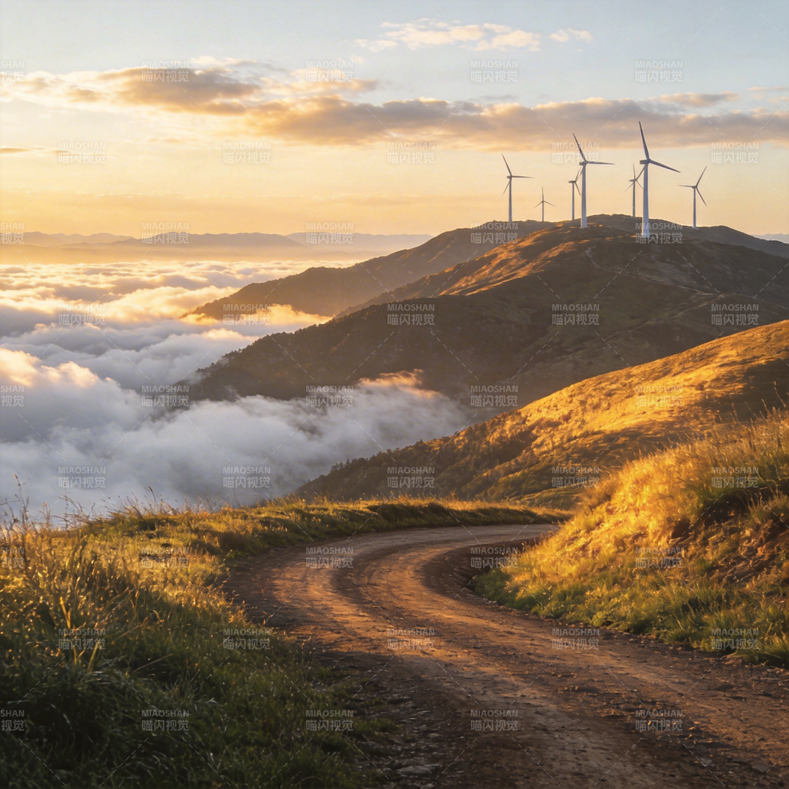山巅风车云海路图片