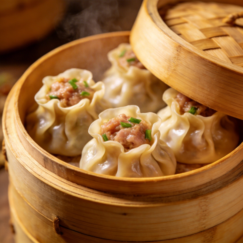 蒸笼里的鲜美烧麦图片