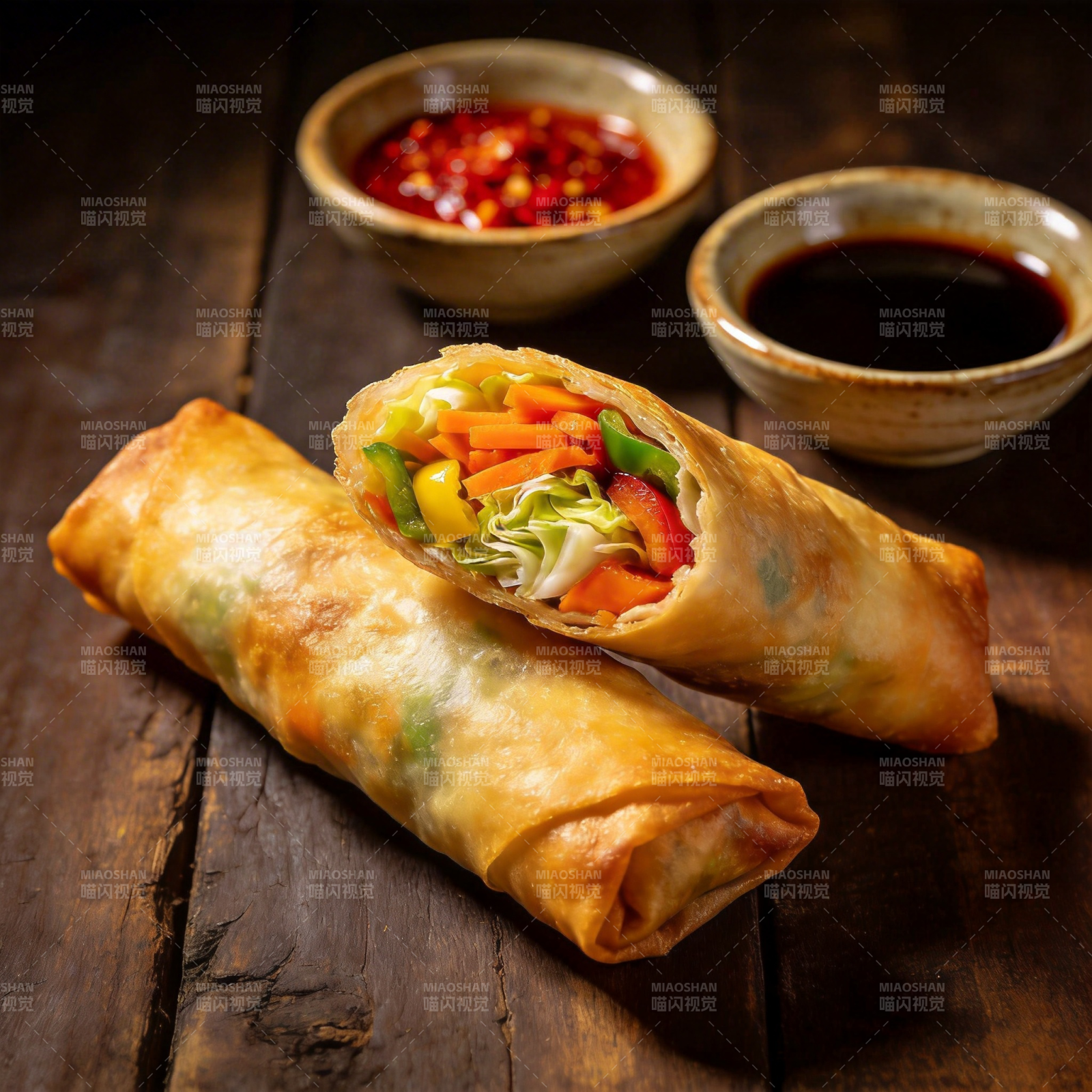 金黄春卷配酱料图片