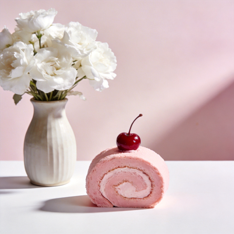 粉红蛋糕卷与白花图片