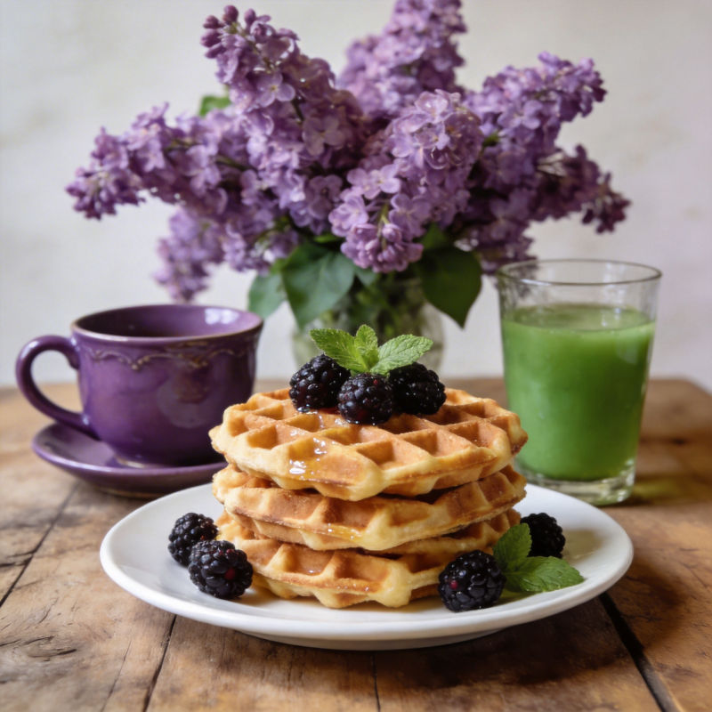 紫花旁的美味华夫饼图片