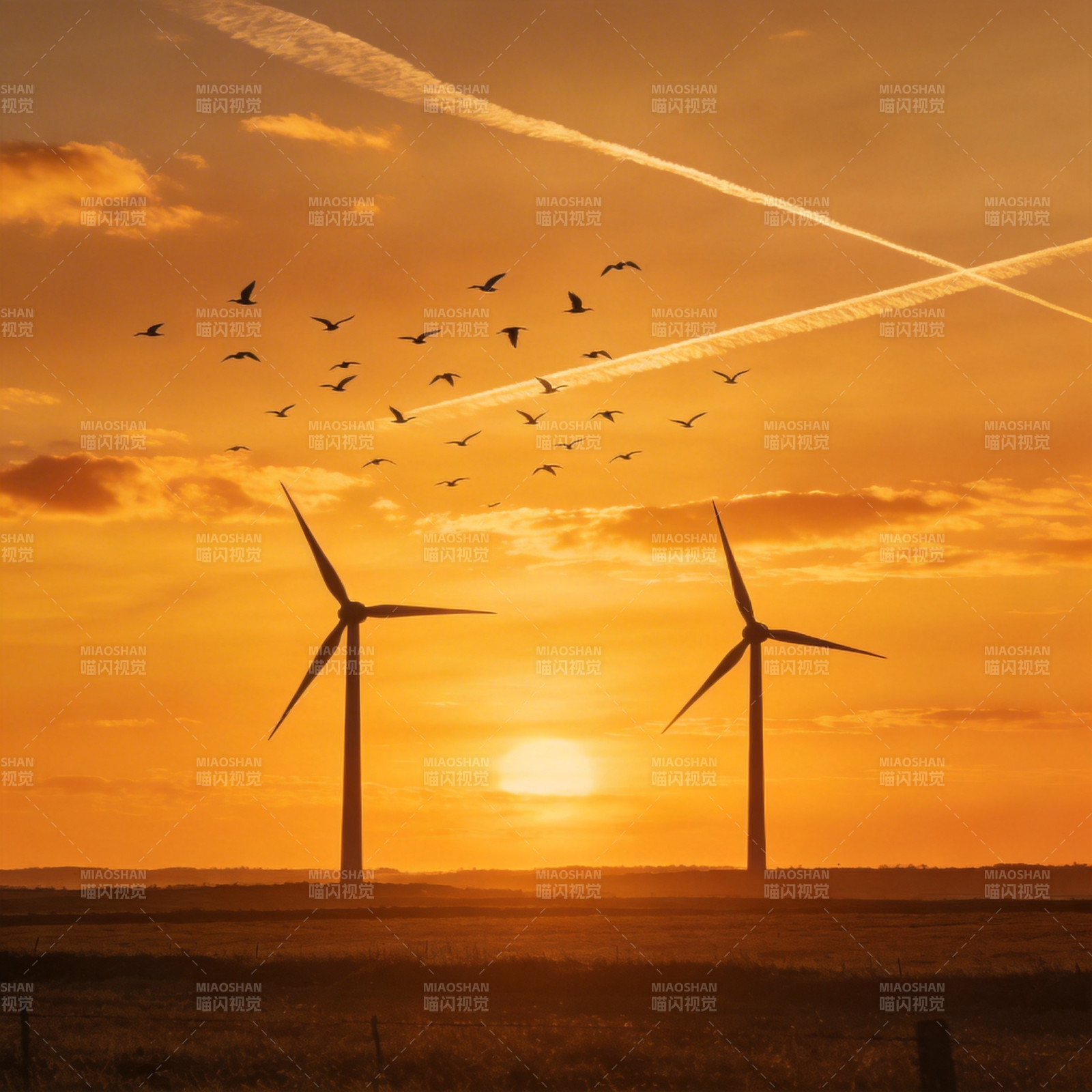 风车日落飞鸟图片