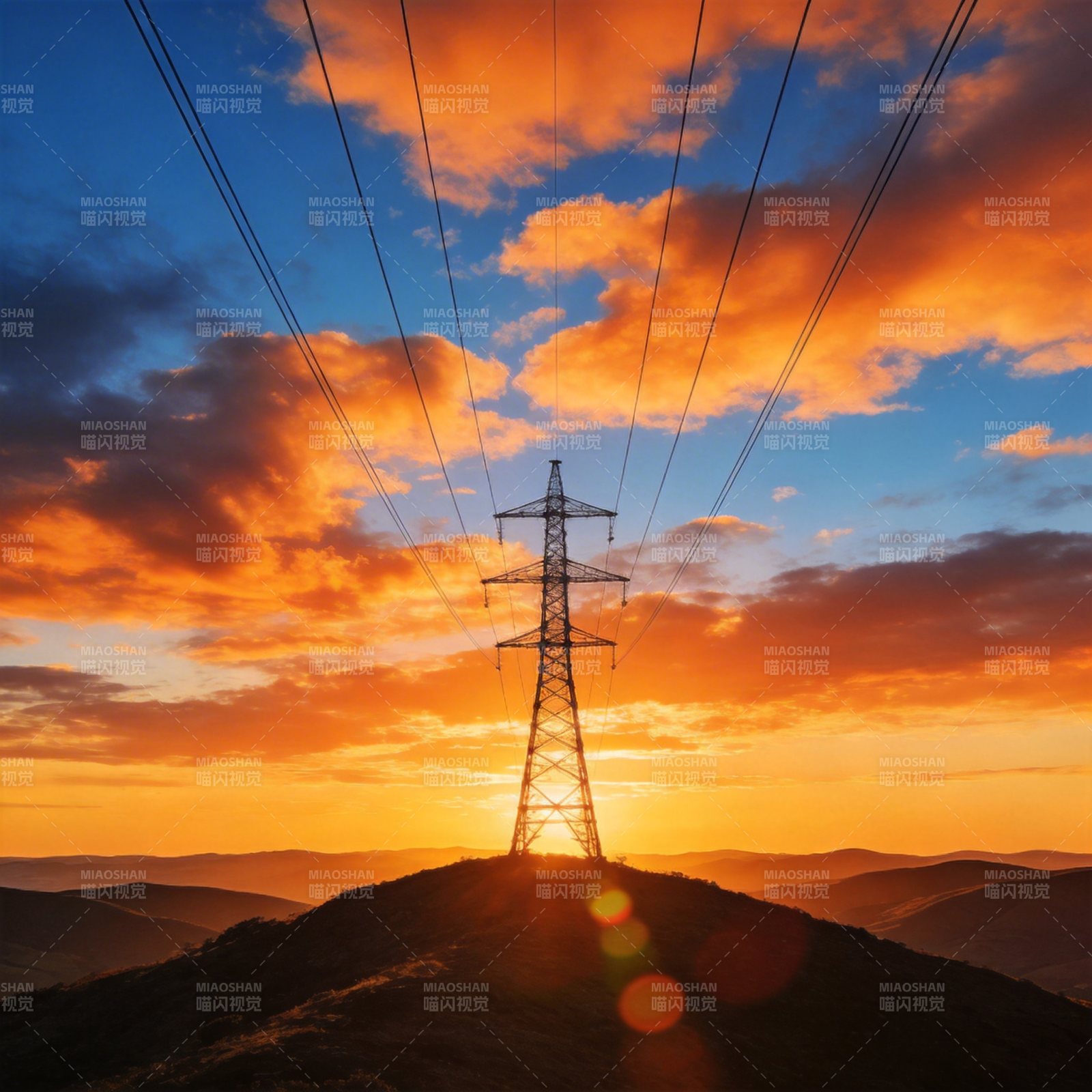 夕阳下的电力塔图片
