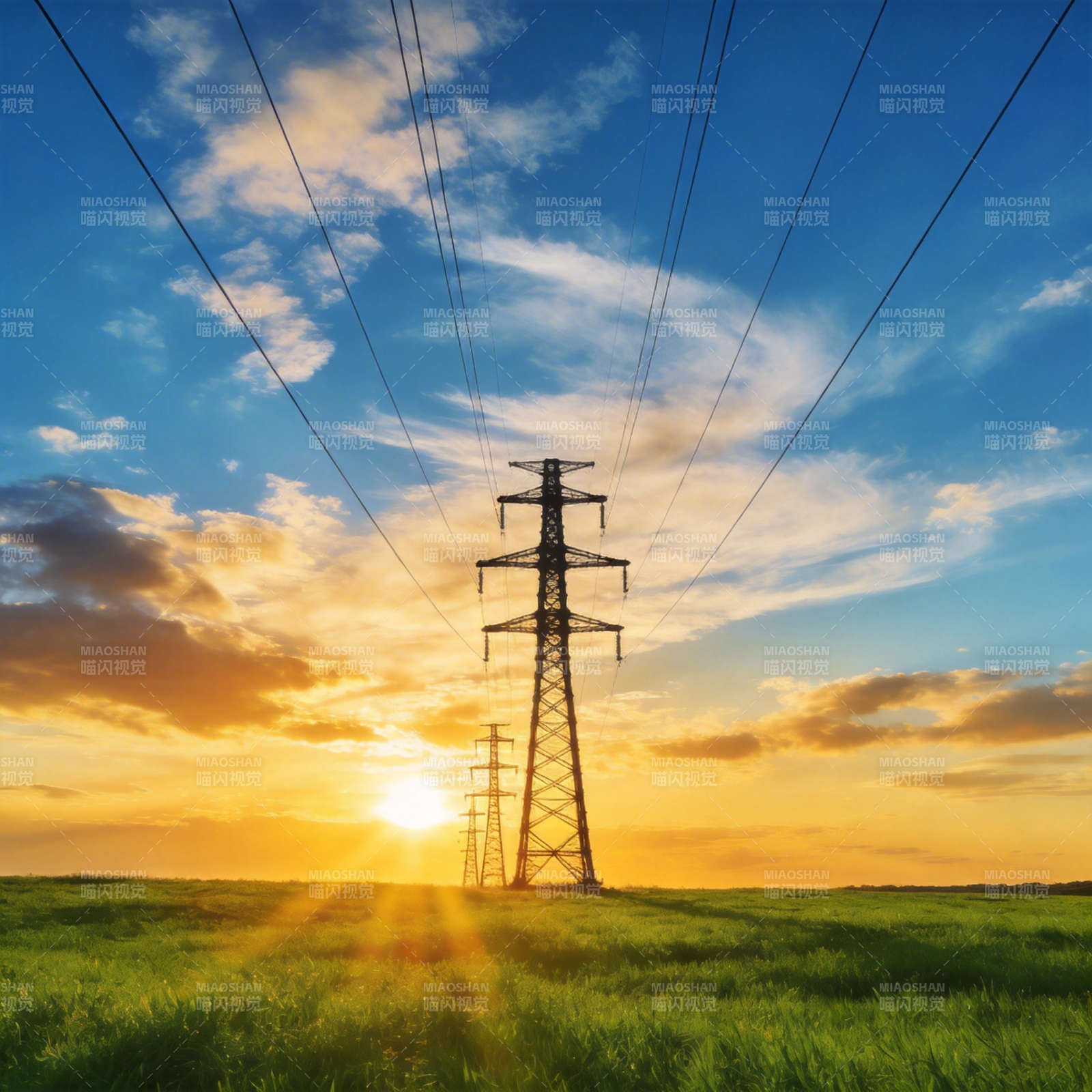 夕阳下的电力塔图片