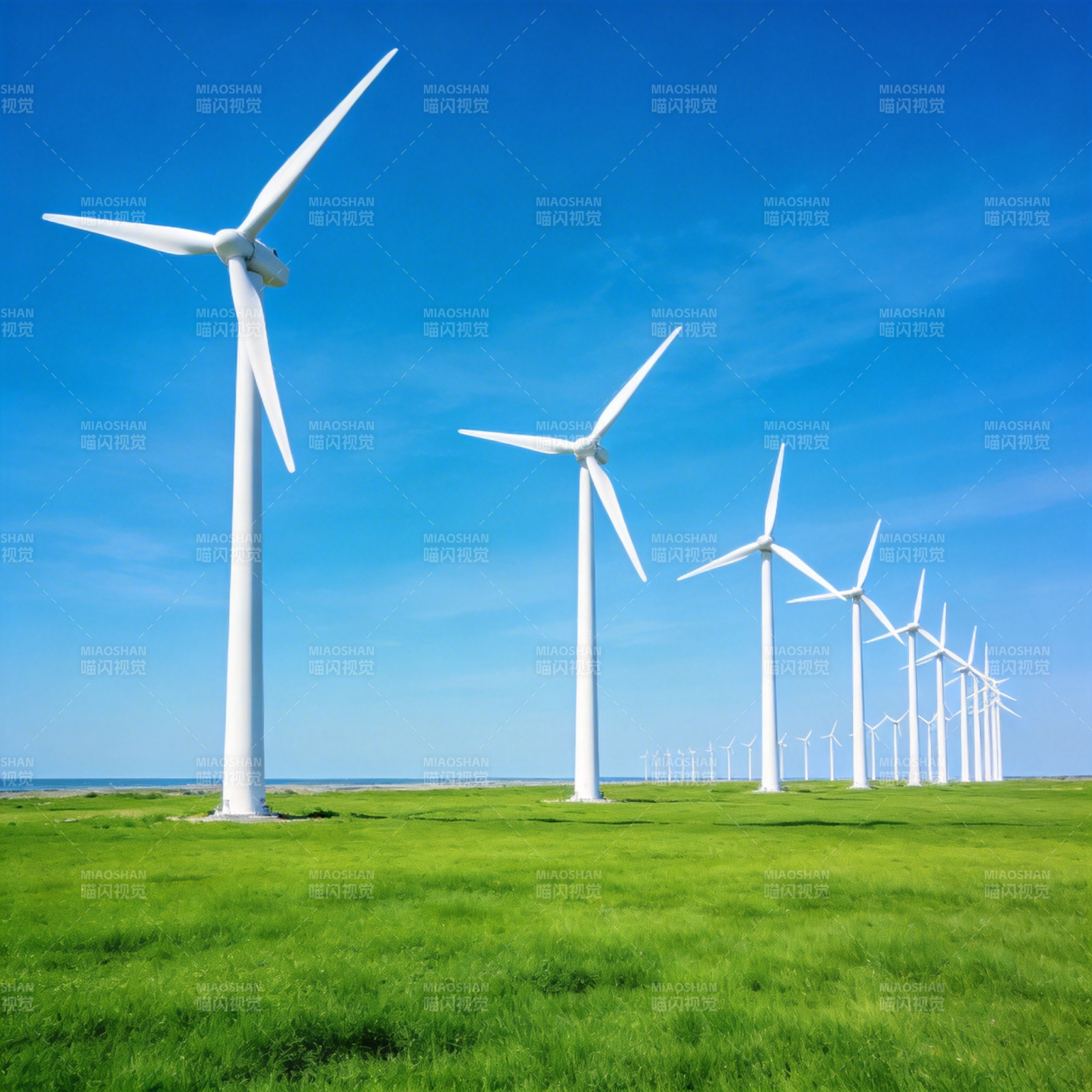 风车列阵绿野蓝天图片
