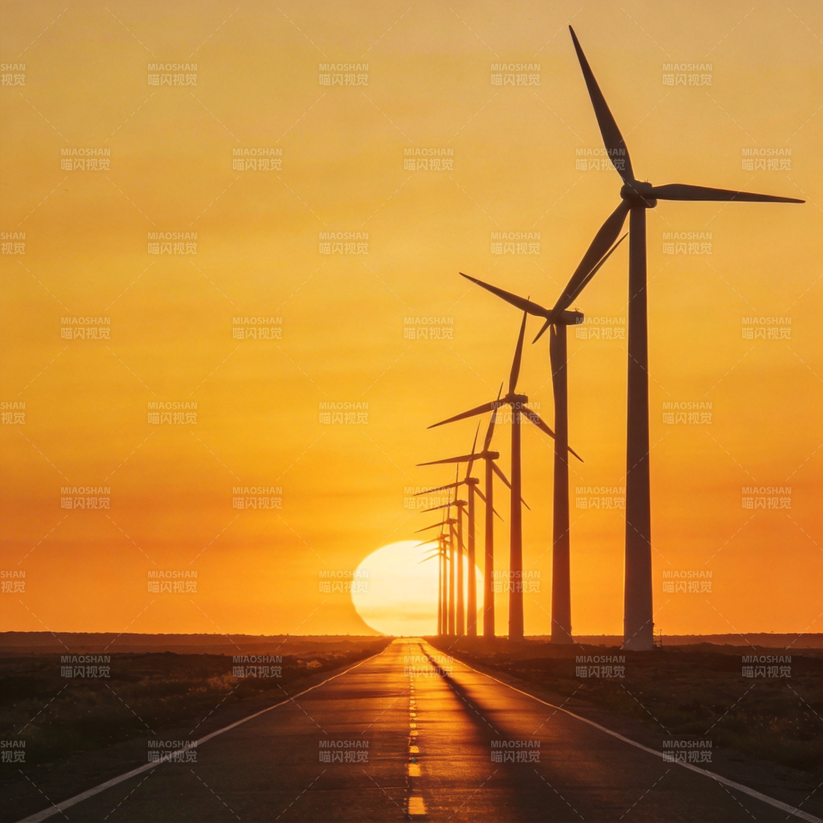 风车公路日落图片