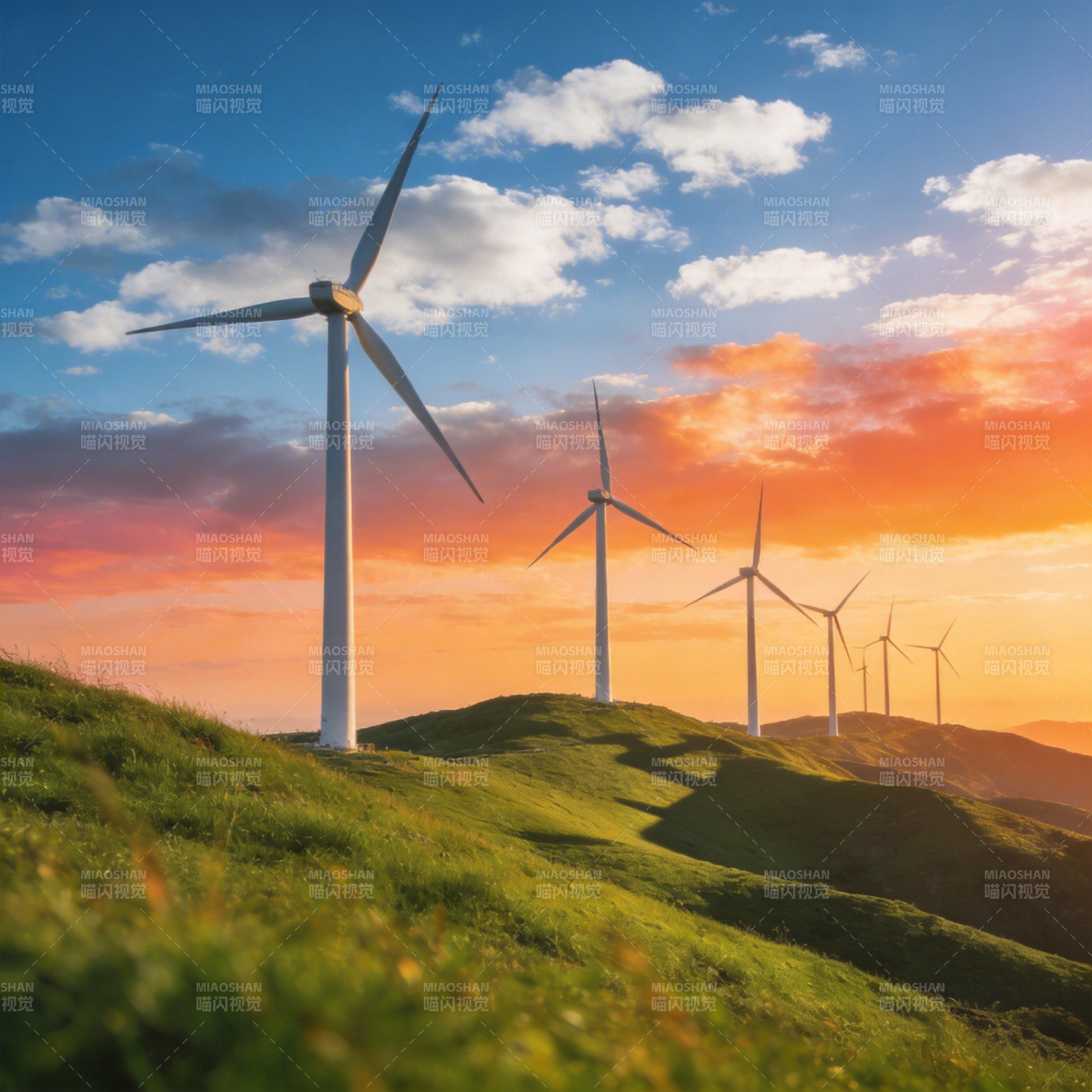 风车与夕阳美景图片