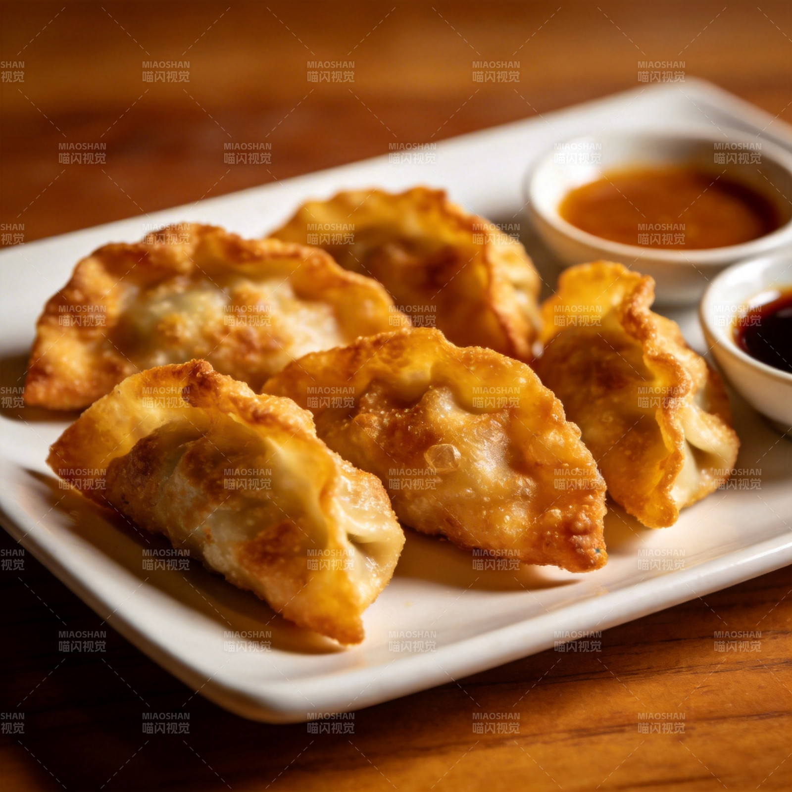 金黄煎饺配酱料图片