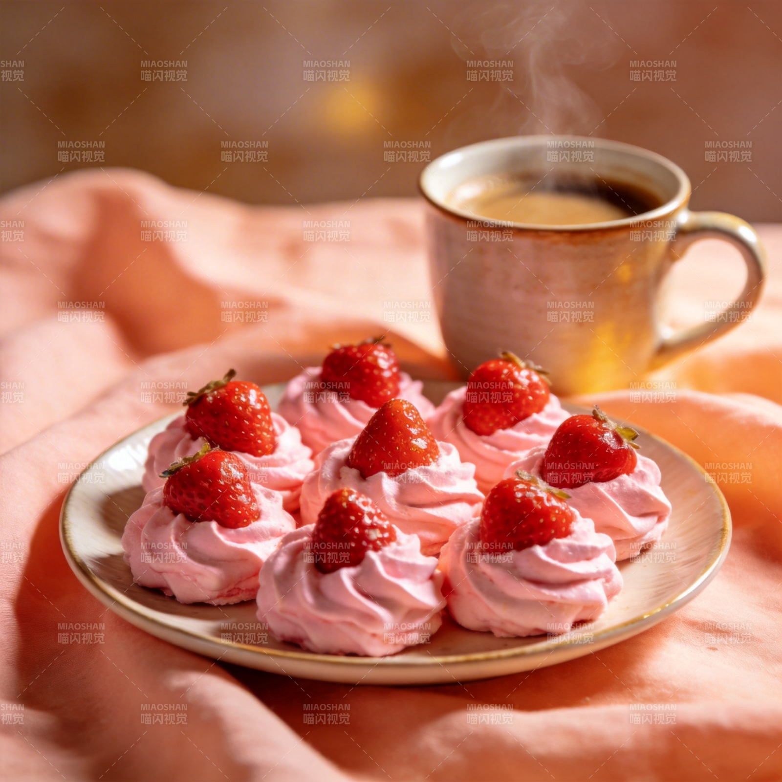 草莓奶油杯与热咖啡图片
